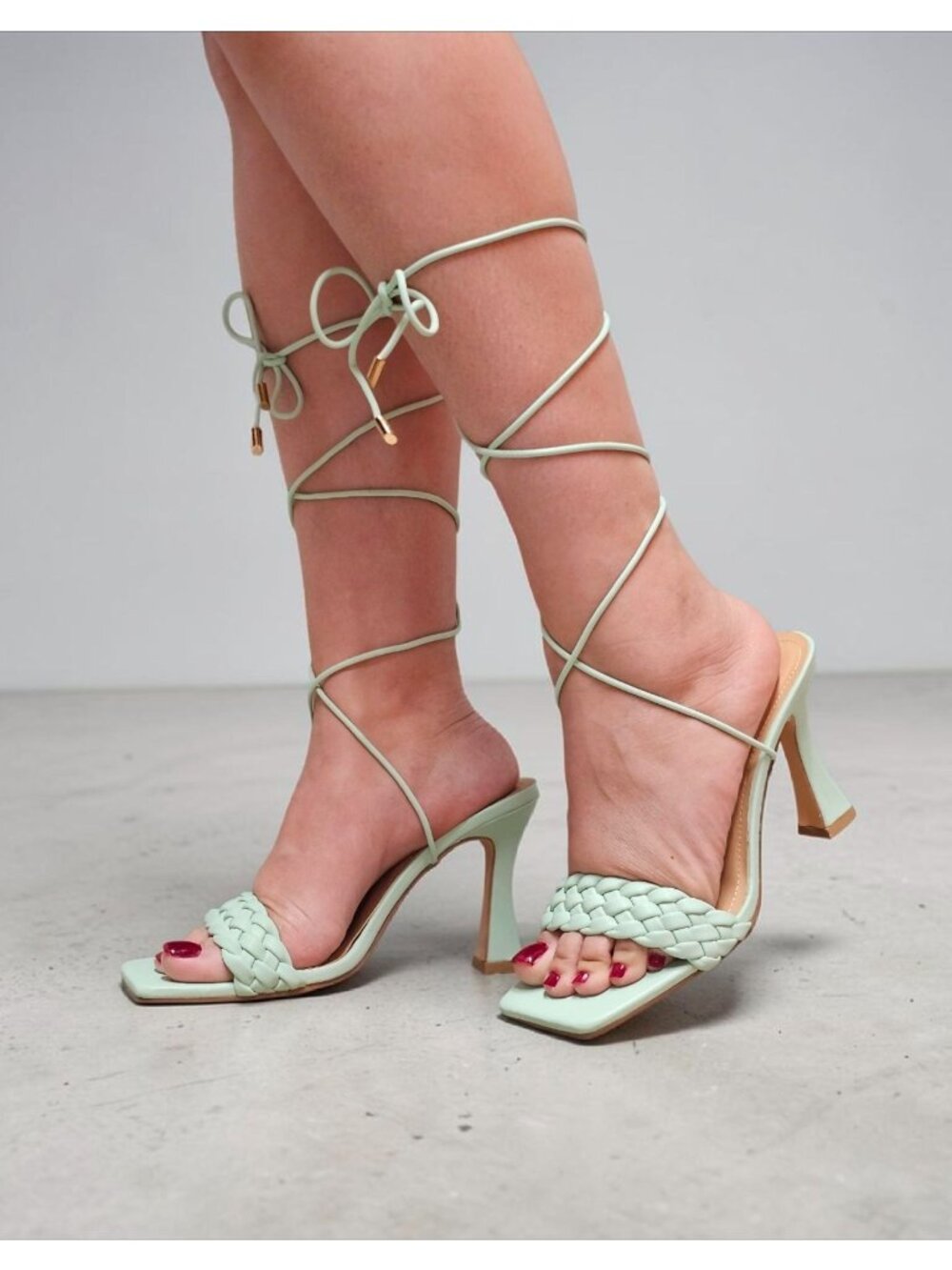 Strappy Mint Green Lace-Up Heeled Sandals With Braided Front Design Square Toe A